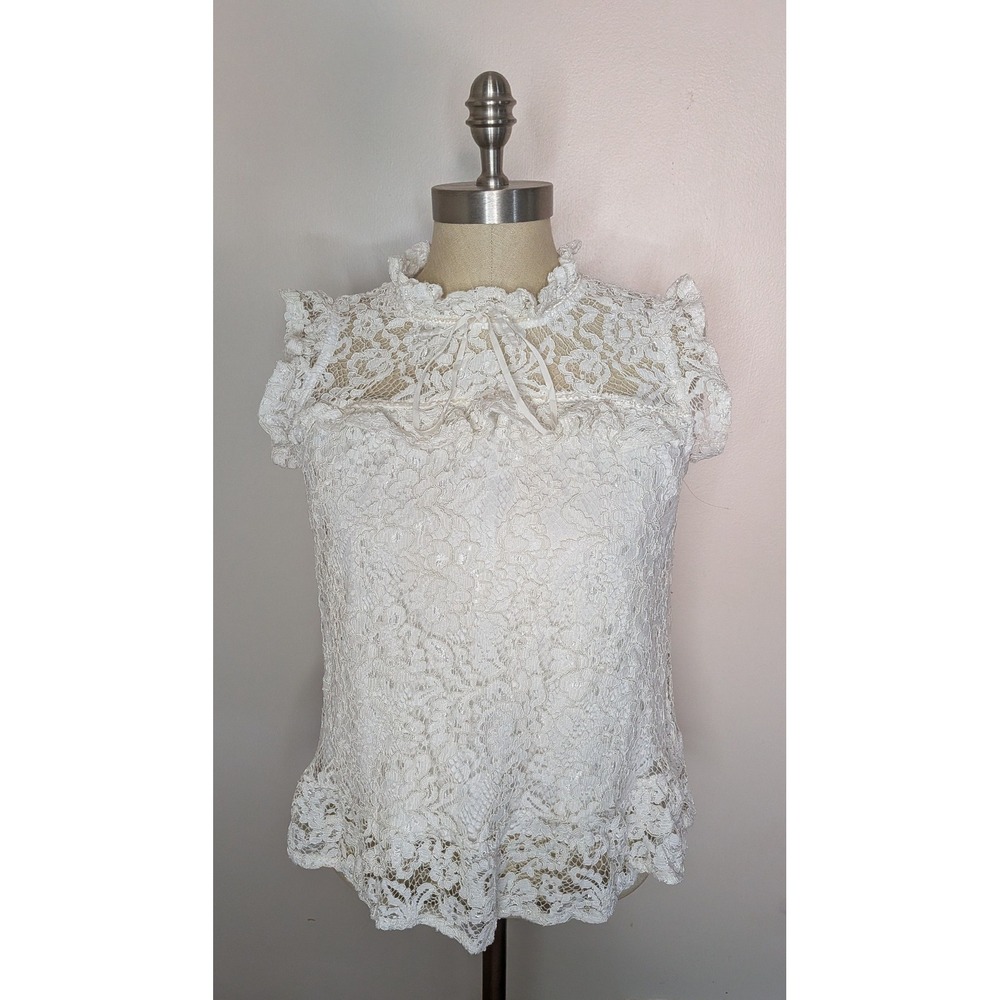 White M/L Floral Lace Ruffle Neck Tie Front Top Blouse Romantic Coquette Fairy